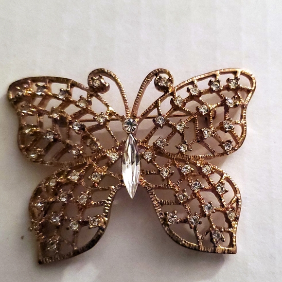 Vintage Rose Gold Rhinestone Butterfly Pin Brooche - Picture 1 of 3
